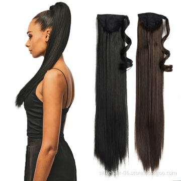 Wholesale 24 inch Black Long Straight Drawstring Ponytail Hairpiece With Hairpins Pony Tail Synthetic Ponytail Hair Extensions